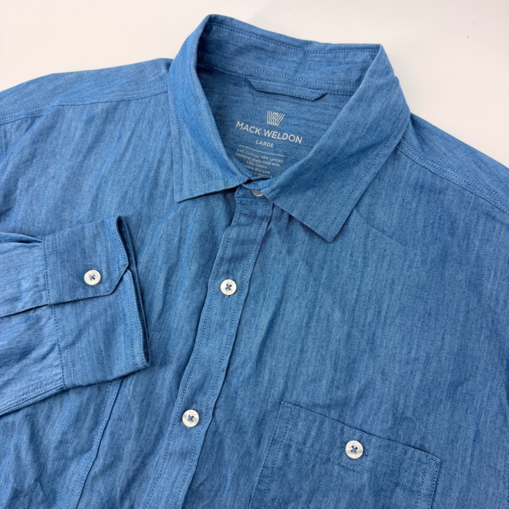 Mack Weldon Button Down Men Large Blue Cotton Lyocell Long Sleeve Chest Pockets